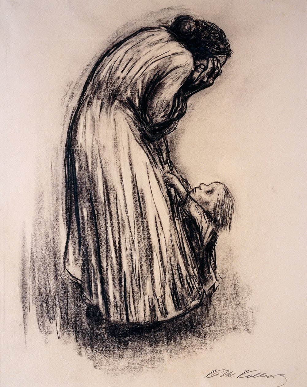 Zrozpaczona kobieta z dzieckiem, autorstwa Käthe Kollwitz
