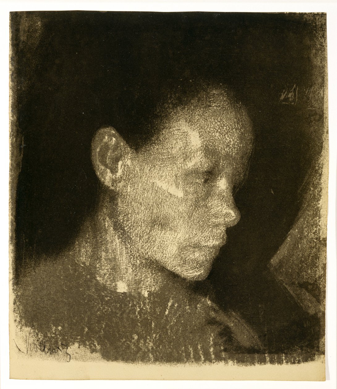 Głowa kobiety pracującej w 3/4 profilu, zwrócona w prawo, 1905 (litografia na papierze brązowym) autorstwa Käthe Kollwitz