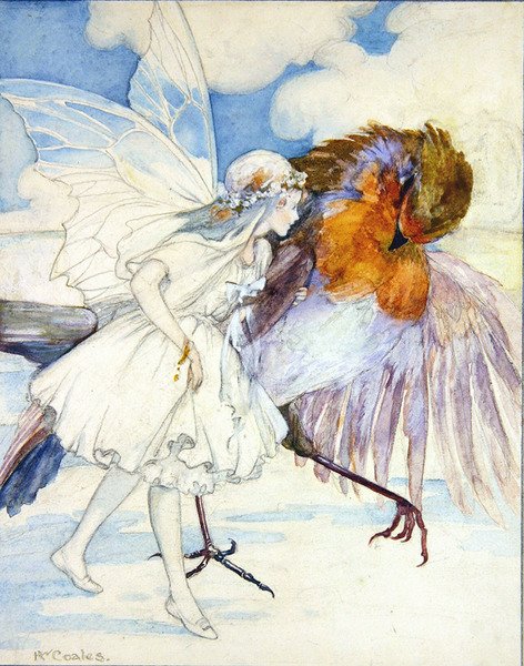 Kogut Robin i Wróżka Kwiatowa (ołówek i akwarela na papierze) autorstwa Kathleen Wallis Coales