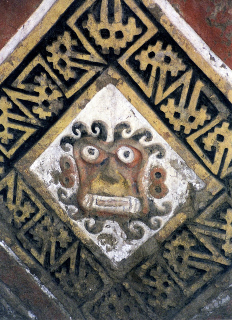 Szczegół ściany wewnątrz piramidy, prawdopodobnie kompleksu świątynnego, zbudowanego przez lud Moche, ok. 200-500 r. n.e. (zdjęcie) (szczegół 138728) autorstwa Katie Attenborough