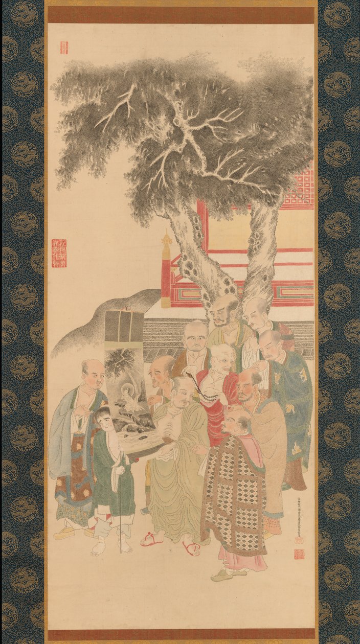 Dziesięć Rakan bada obraz Kannona w białej szacie, 1792. autorstwa Kato Nobukiyo