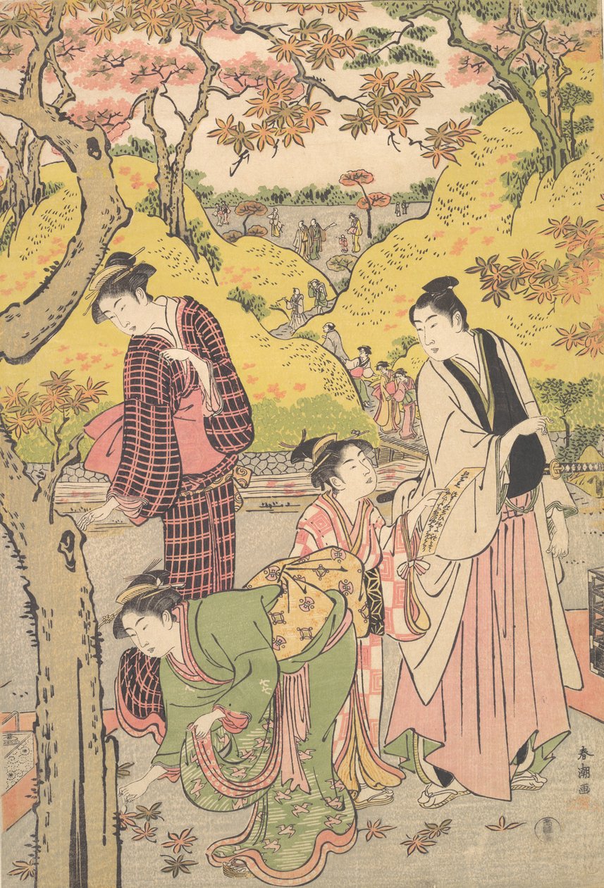 Młody mężczyzna, dwie młode kobiety i dziewczyna na pikniku, ca. 1789. autorstwa Katsukawa Shuncho