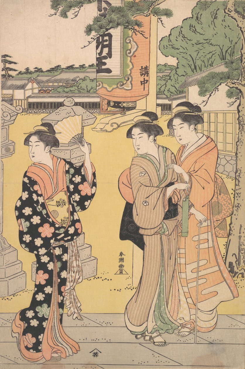 Targi w kompleksie świątyni buddyjskiej, ca. 1789. autorstwa Katsukawa Shuncho
