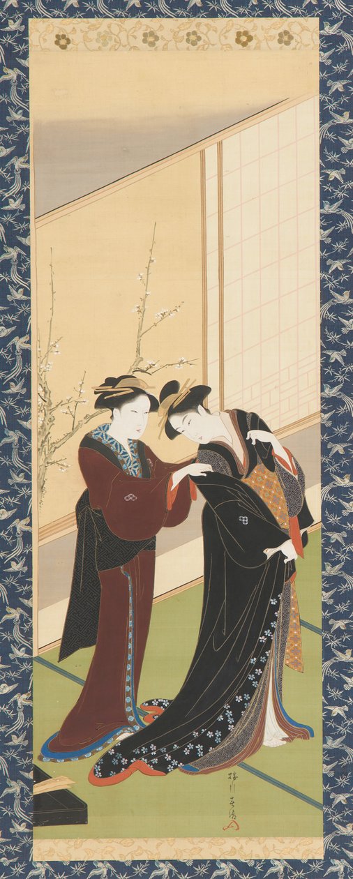 Wnętrze: kobieta pomagająca dziewczynie się ubrać, okres Edo, 1726-1792. autorstwa Katsukawa Shuncho