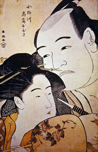 Japoński zapaśnik Onagawa i herbaciarnia Ohisa, ok.1792 (drewnodruk) autorstwa Katsukawa Shuncho