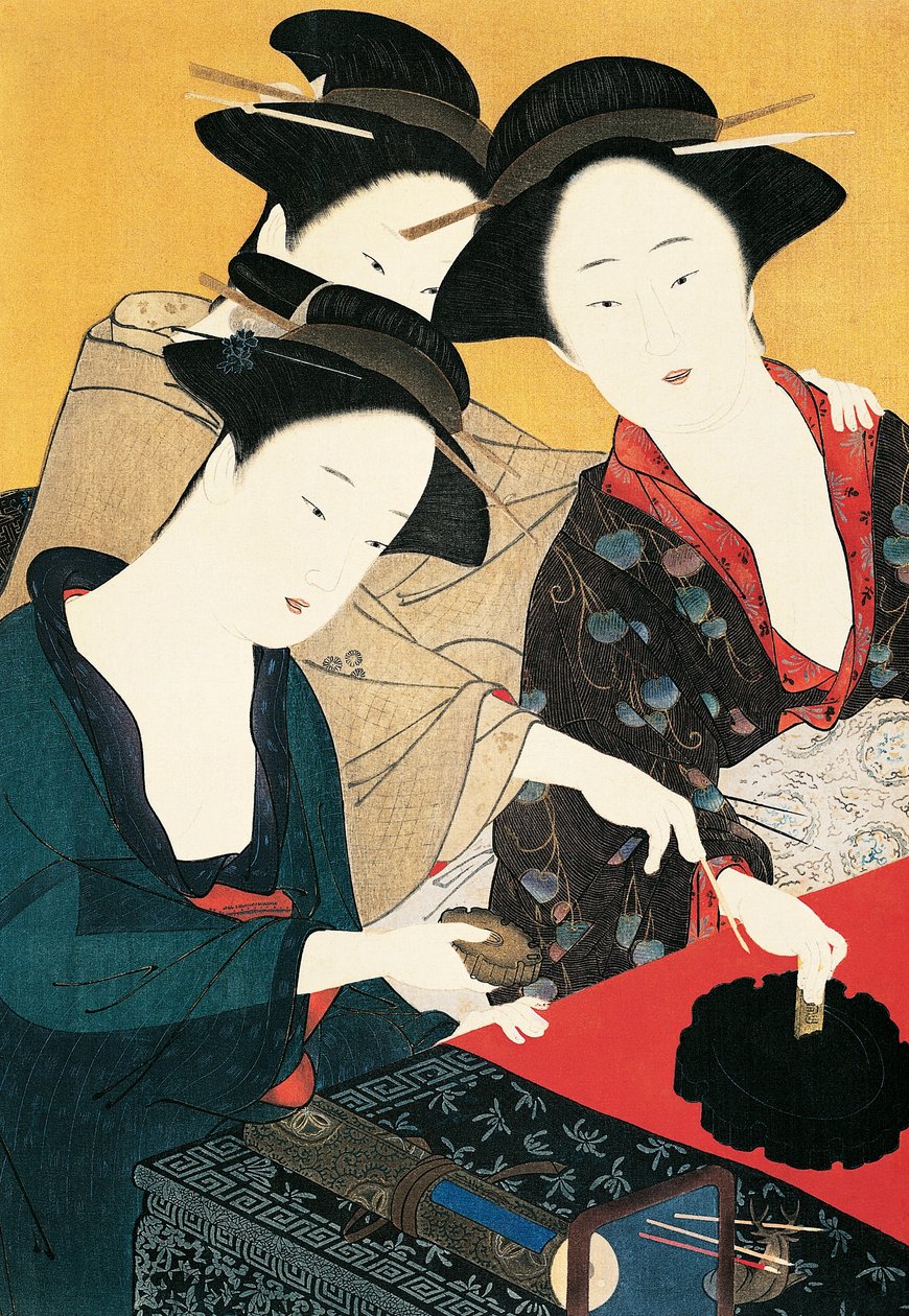 Trzy kobiety wokół fontanny atramentu, artystka ze szkoły Katsukawa Shunsho (1726-1792), Japonia, Cywilizacja japońska autorstwa Katsukawa Shuncho