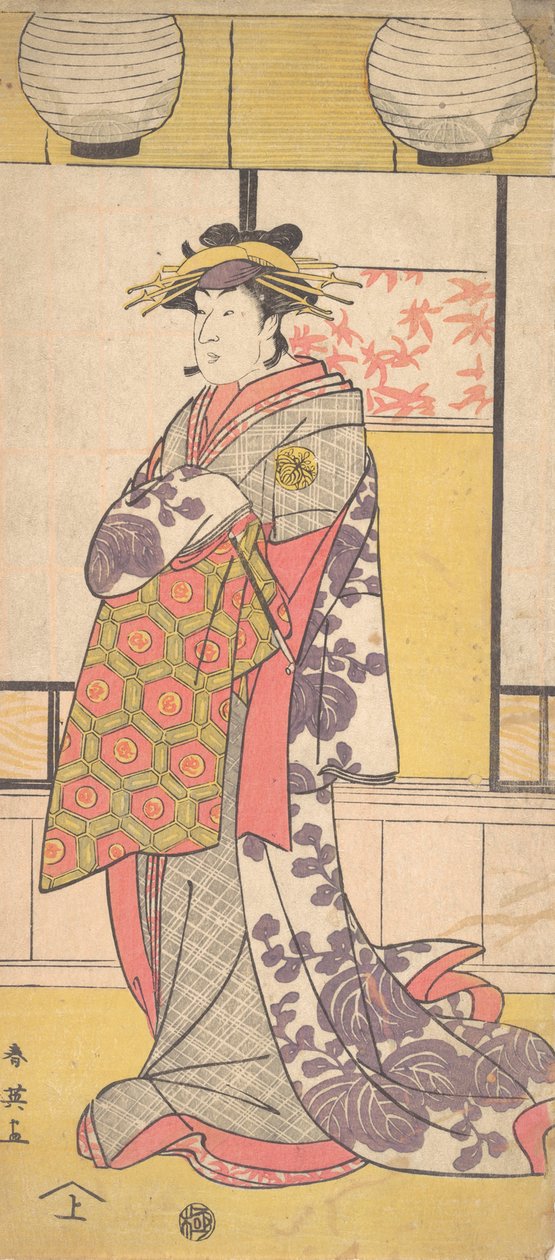 Nakayama Tatezo jako Kurtyzana Stojąca, zwrócona w lewo, ca. 1792-93. autorstwa Katsukawa Shun