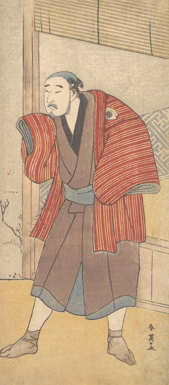 Onoe Matsusuke jako sługa stojący obok domu, ca. 1793. autorstwa Katsukawa Shun