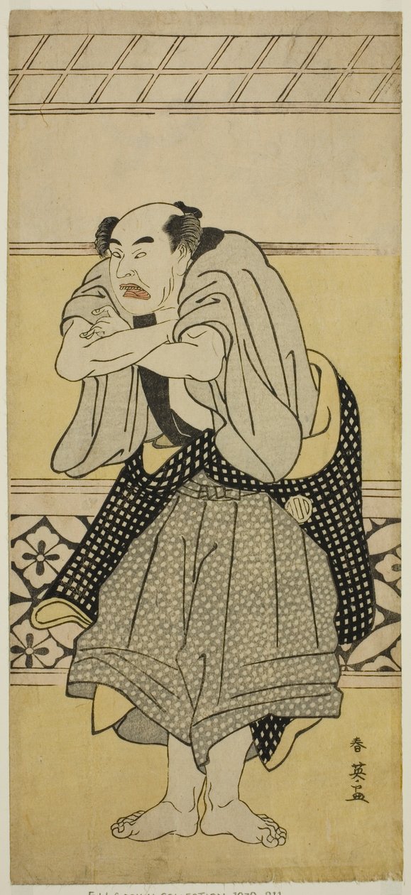 Aktor Asao Tamejuro I jako pijany Gotobei w sztuce Yoshitsune Koshigoe Jo, wystawionej w teatrze Ichimura w dziewiątym miesiącu 1790 r. autorstwa Katsukawa Shun