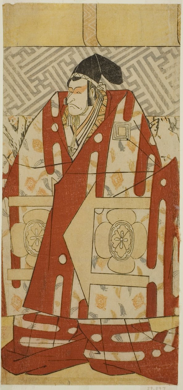 Aktor Ichikawa Danjuro V jako Kudo Suketsune w sztuce Koi no Yosuga Kanegaki Soga, wystawionej w teatrze Ichimura w pierwszym miesiącu 1789 r. autorstwa Katsukawa Shun