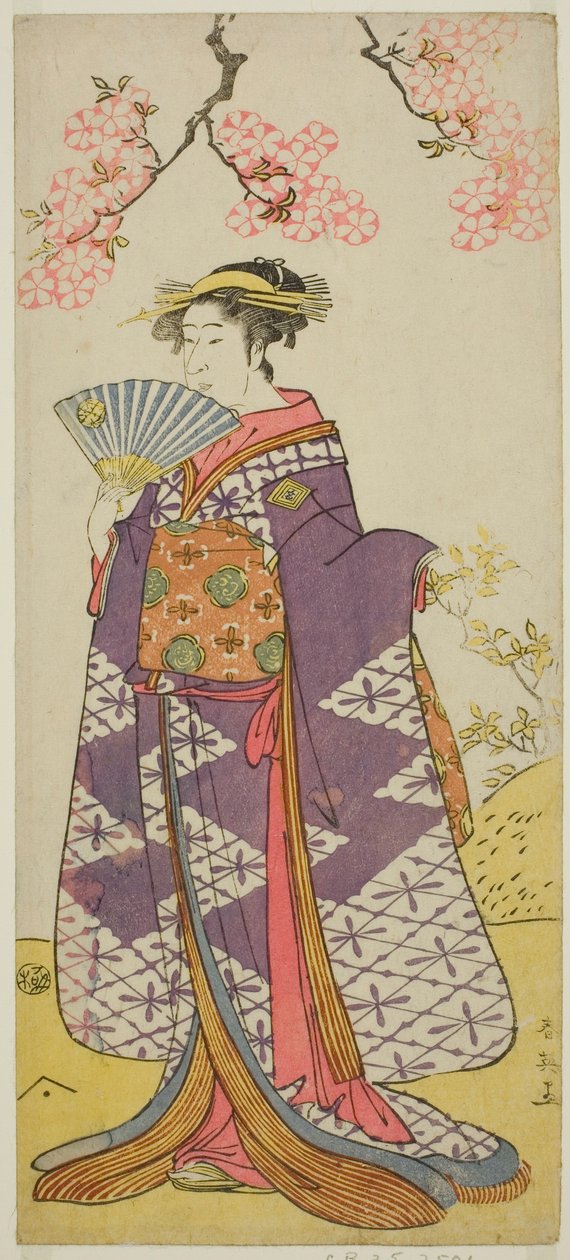 Aktor Ichikawa Komazo II jako duch Lady Shiragiku w sztuce "Hatsu Midori Saiwai Soga" wystawionej w teatrze Kawarazaki w trzecim miesiącu 1791 r. autorstwa Katsukawa Shun