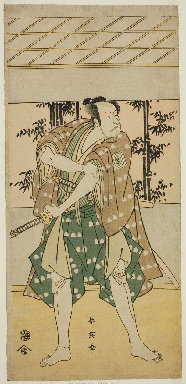 Aktor Ichikawa Omezo I jako żeglarz Takihei () w sztuce Ofunamori Ebi no Kaomise (), wystawionej w teatrze Kawarazaki () w jedenastym miesiącu 1792 roku () autorstwa Katsukawa Shun