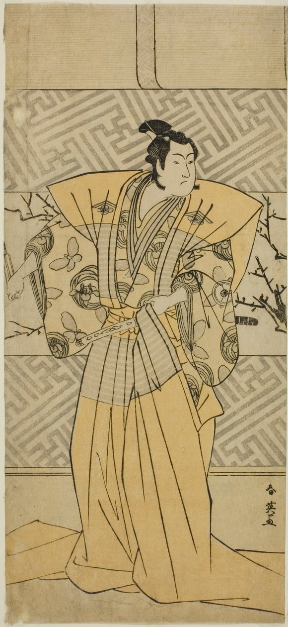 Aktor Iwai Hanshiro IV jako Soga no Goro Tokimune w sztuce Koi no Yosuga Kanegaki Soga, wystawionej w teatrze Ichimura w pierwszym miesiącu 1789 r. autorstwa Katsukawa Shun