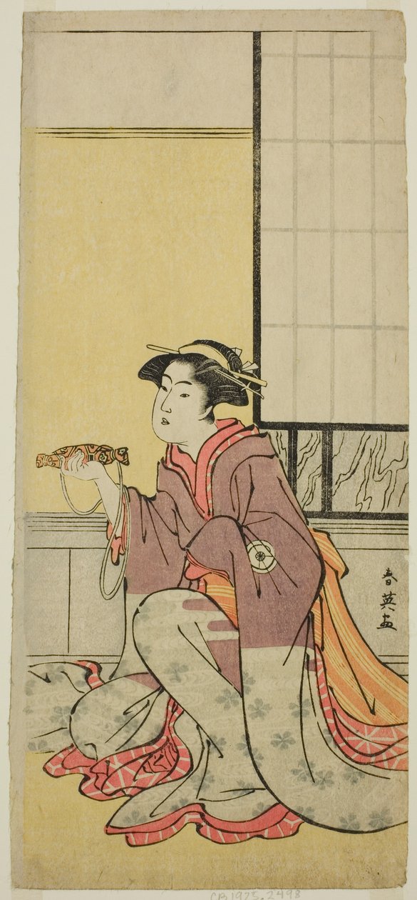 Aktor Iwai Hanshiro IV jako Yae () w sztuce Sugawara Denju Tenarai Kagami (), wystawionej w teatrze Kiri () w siódmym miesiącu 1788 roku () autorstwa Katsukawa Shun
