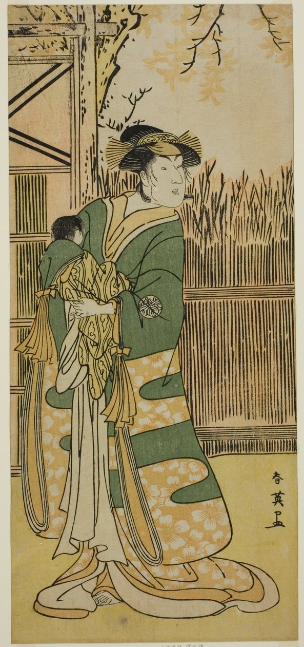 Aktor Nakayama Tomisaburo I jako Lady Tokiwa (Tokiwa Gozen) () w sztuce Kimmenuki Genke no Kakutsuba (), wystawianej w teatrze Ichimura () w jedenastym miesiącu 1791 roku () autorstwa Katsukawa Shun