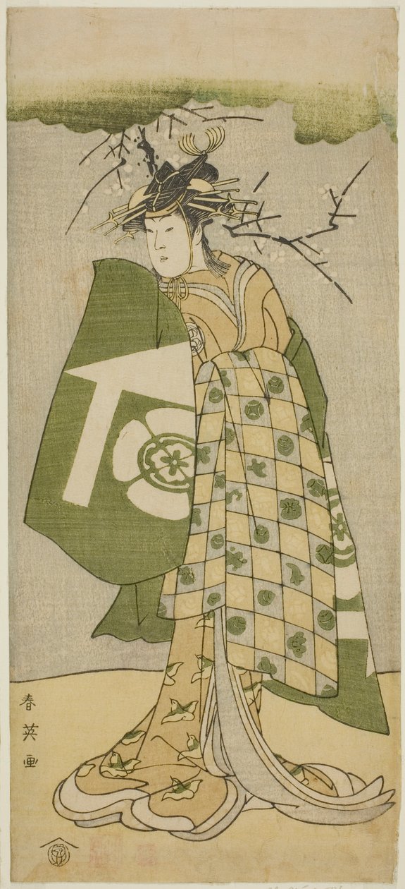 Aktor Osagawa Tsuneyo II jako Oiso no Tora w sztuce Gohiiki no Hana Aikyo Soga, wystawionej w teatrze Kawarazaki w pierwszym miesiącu 1794 r. autorstwa Katsukawa Shun