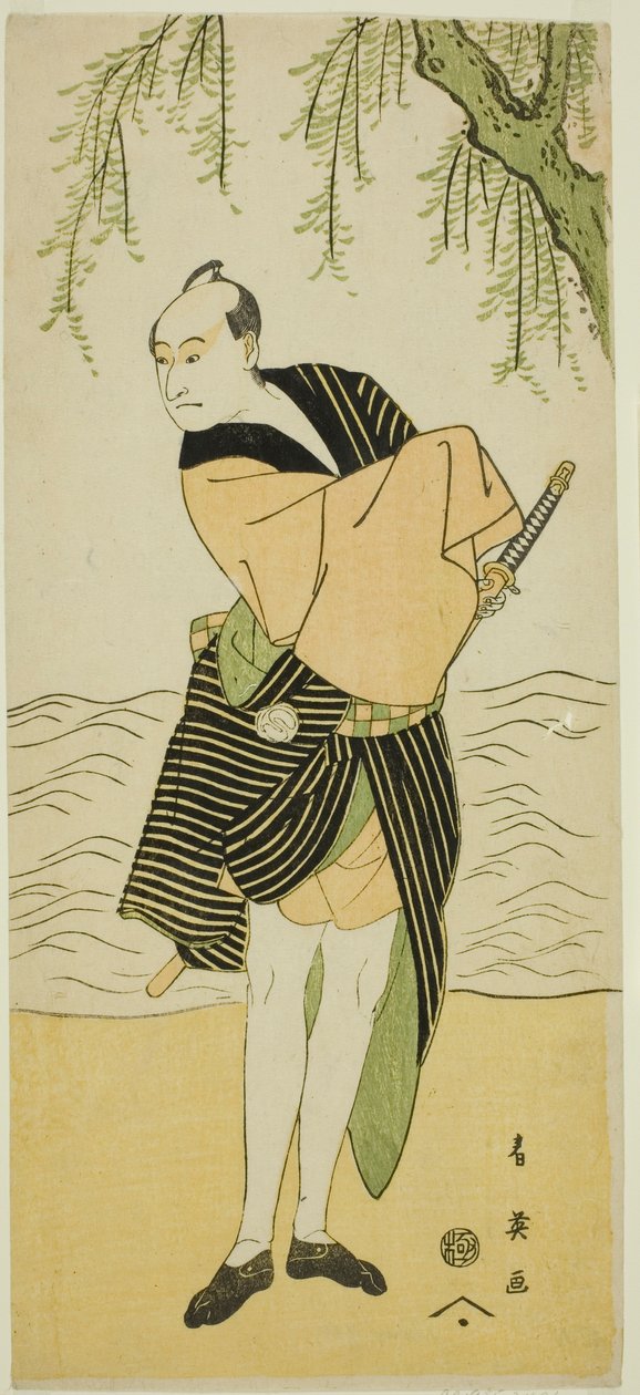 Aktor Sawamura Sojuro III jako Ume no Yoshihei w sztuce Suda no Haru Geisha Katagi, wystawionej w teatrze Kiri w pierwszym miesiącu 1796 r. autorstwa Katsukawa Shun
