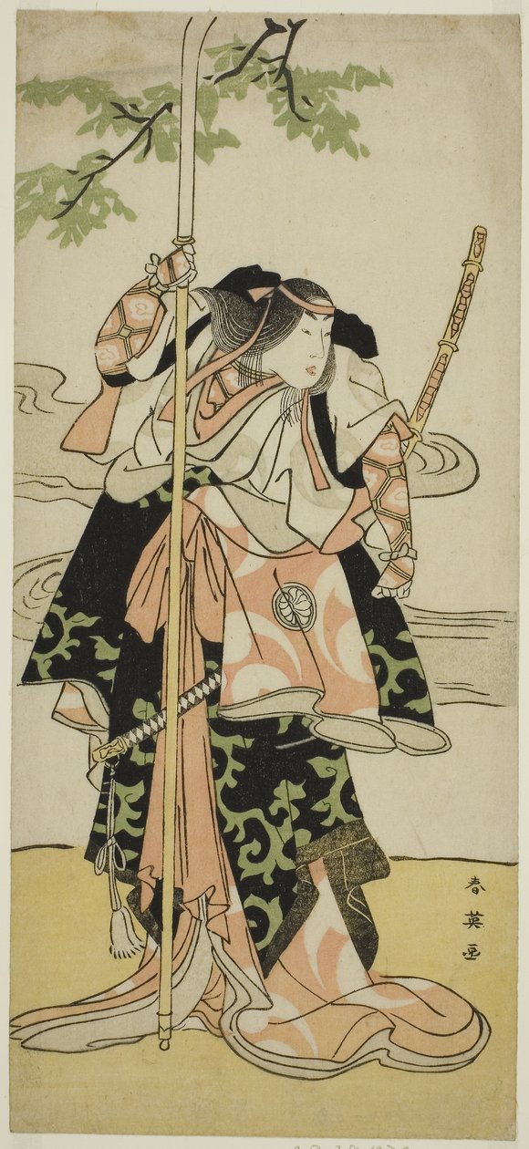 Aktor Segawa Kikunojo III jako Lady Tomoe (Tomoe Gozen) w sztuce Yasa Gumbai Miyako no Jindori, wystawianej w teatrze Miyako w jedenastym miesiącu, ok. 1793 r. (kolorowy drzeworyt; hosoban) autorstwa Katsukawa Shun