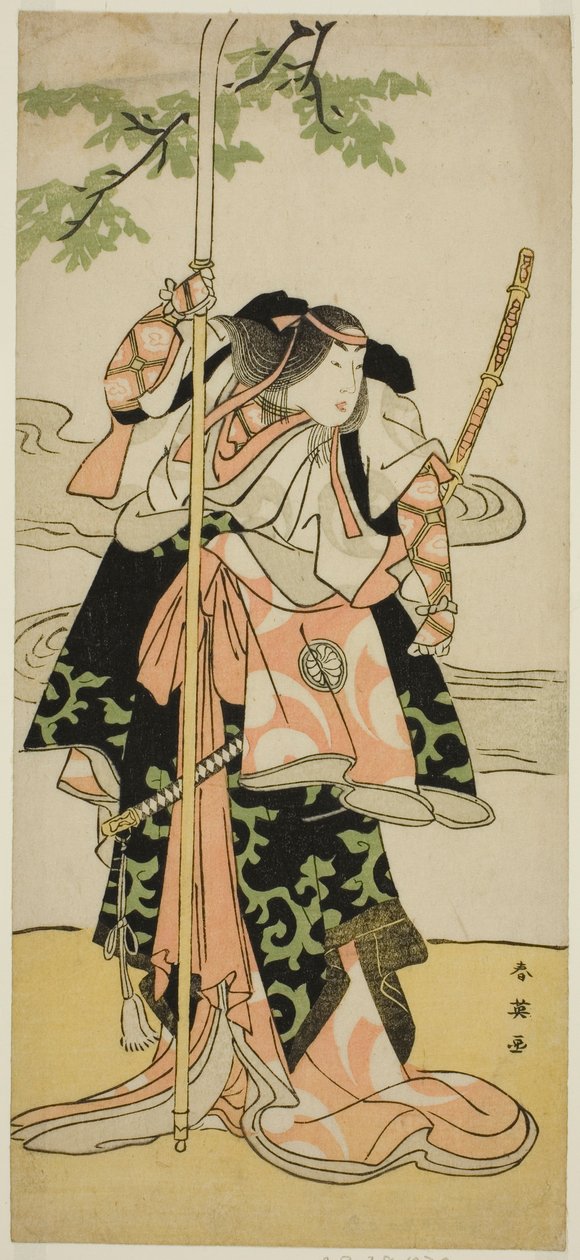 Aktor Segawa Kikunojo III jako Lady Tomoe (Tomoe Gozen) w sztuce Yasa Gumbai Miyako no Jindori, wystawionej w teatrze Miyako w jedenastym miesiącu 1793 r. autorstwa Katsukawa Shun