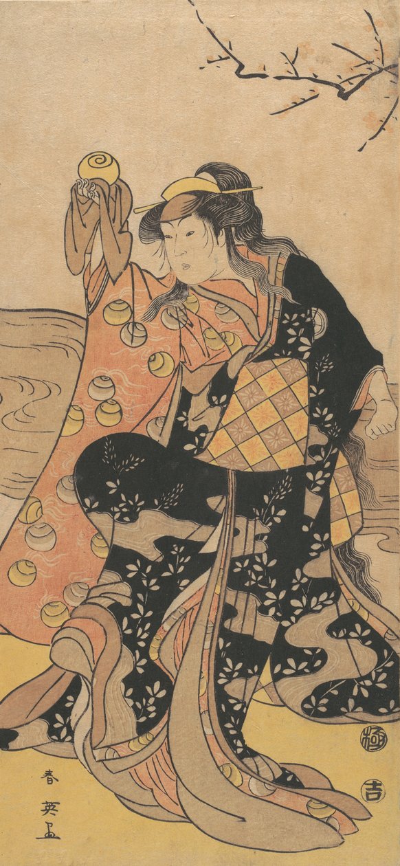 Czwarty Iwai Hanshiro jako kobieta trzymająca kryształową kulę i tańcząca na brzegu…, ca. 1788. autorstwa Katsukawa Shun
