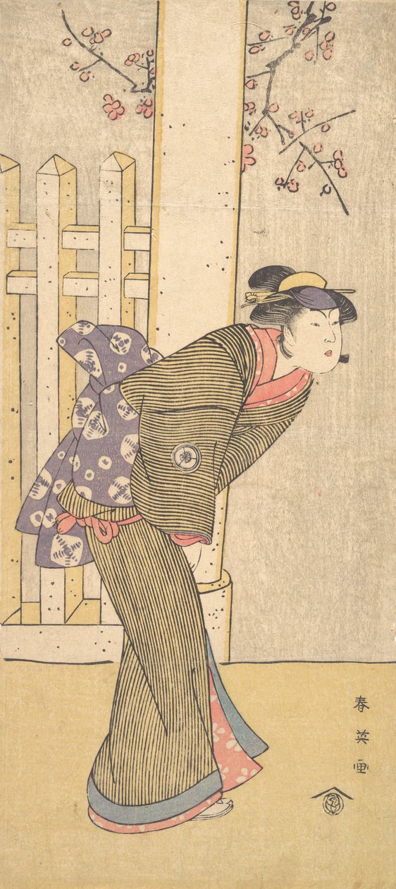 Czwarty Iwai Hanshiro jako kobieta stojąca pod torii, ca. 1791 autorstwa Katsukawa Shun