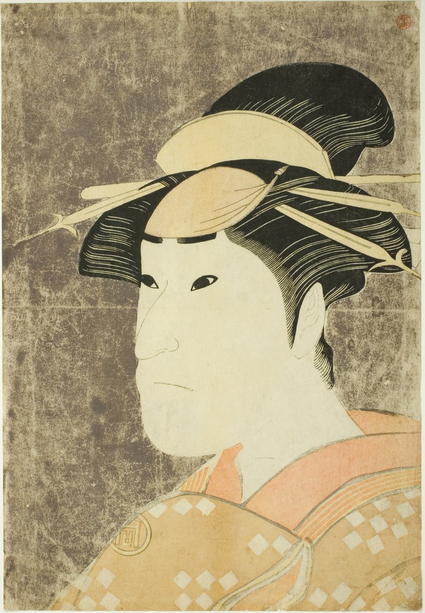 Aktor Sanogawa Ichimatsu III jako prostytutka Onayo z Gion w sztuce "Hana-ayame Bunroku Soga" wystawionej w teatrze Miyako w piątym miesiącu 1794 r. autorstwa Katsukawa Shun