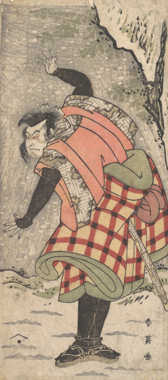 Niezidentyfikowany aktor jako Kyokaku stojący u stóp klifu podczas burzy śnieżnej, ca. 1793. autorstwa Katsukawa Shun