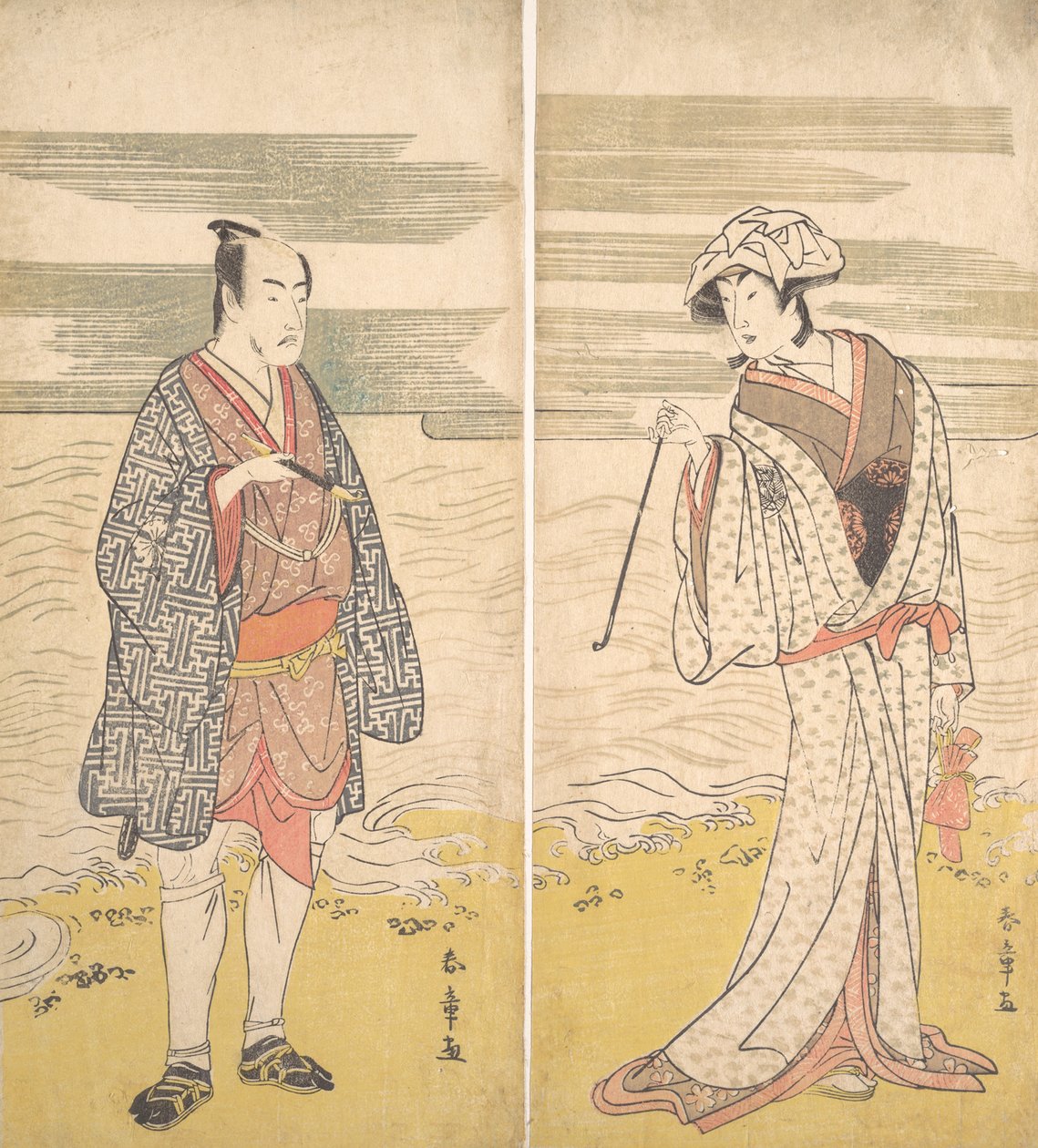 Dwóch aktorów: Czwarty Matsumoto Koshiro jako mężczyzna ubrany w krótkie kimono [po lewej], 1779. autorstwa Katsukawa Shunjo