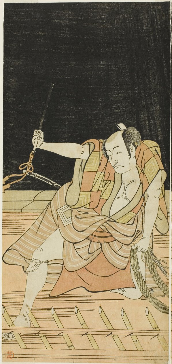 Aktorzy Nakamura Nakazô I jako Danshichi Kurobei i Ichikawa Danjûrô V jako Issun Tokubei w "Mirror of Osaka in the SummerFestival" ("Natsu MatsuriNaniwa Kagami") autorstwa Katsukawa Shunkо̄