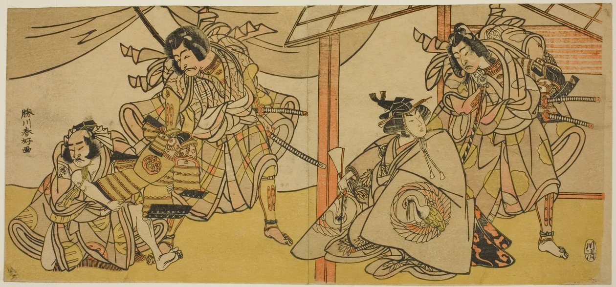 Prawa strona: Aktorzy Bando Hikosaburo III jako Soga no Goro (po prawej) i Segawa Kikunojo IV jako Onna Asahina (po lewej) w sztuce Ume-goyomi Akebono Soga; Strona lewa: Aktorzy Onoe Matsusuke I jako Furugori Shinzaemon (po lewej) i Ichikawa Danjuro V autorstwa Katsukawa Shunkо̄