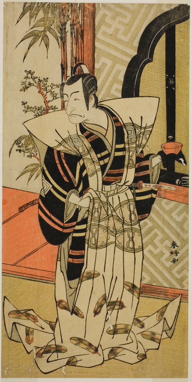 Aktor Ichikawa Danjuro V jako Kajiwara Heiji () w sztuce Hiragana Seisuiki (), wystawionej w teatrze Morita () w trzecim miesiącu 1776 roku () autorstwa Katsukawa Shunkо̄