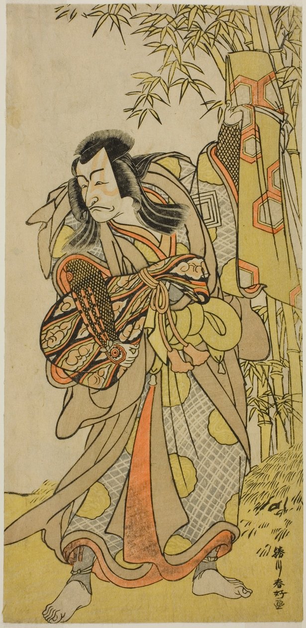 Aktor Ichikawa Danjuro V jako Kazusa no Akushichibyoe Kagekiyo przebrany za niewidomego nadwornego muzyka (Kengyo) w sztuce Edo Meisho Midori Soga, wystawianej w teatrze Morita w czwartym miesiącu 1779 roku autorstwa Katsukawa Shunkо̄