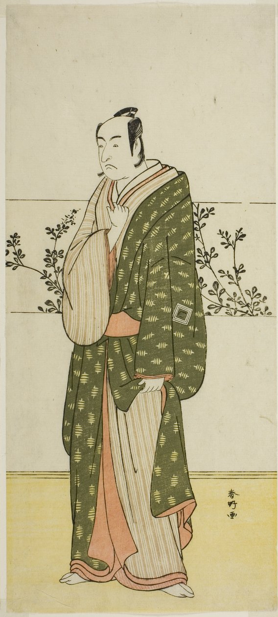 Aktor Ichikawa Monnosuke II, prawdopodobnie jako Matsuya Soshichi, w sztuce Chiyo no Hajime Ondo no Seto (Początki wieczności: cieśnina Ondo na śródlądowym morzu Seto) (), wystawianej w teatrze Kiri od dwudziestego siódmego dnia siódmego miesiąca, 1 autorstwa Katsukawa Shunkо̄