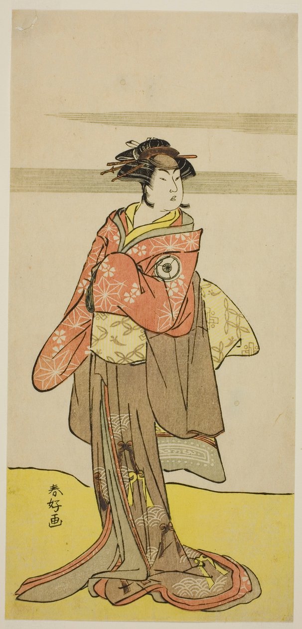 Aktor Iwai Hanshiro IV jako Hitomaru przebrany za gejszę Oshun w sztuce Edo no Hana Mimasu Soga, wystawionej w teatrze Nakamura w trzecim miesiącu 1783 roku autorstwa Katsukawa Shunkо̄