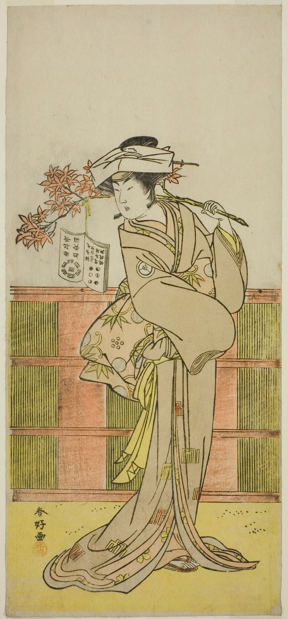 Aktor Iwai Hanshiro IV jako Umegae przebrany za wróżbitkę Omatsu w sztuce Mukashi Otoko Yuki no Hinagata, wystawionej w teatrze Ichimura w jedenastym miesiącu 1781 r. autorstwa Katsukawa Shunkо̄
