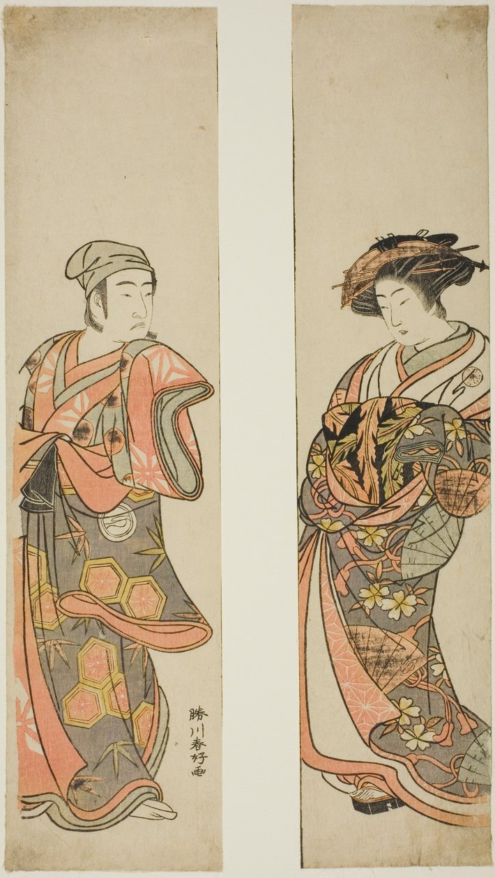 Aktor Nakamura Tomijuro I jako kurtyzana (po prawej) i Sawamura Sojuro III jako Oyamada Taro () w przebraniu Tarosaku z wioski Oyamada (po lewej) w sztuce "Azuma no Mori Sakae Kusunoki" wystawianej w teatrze Ichimura w jedenastym miesiącu 1779 r. autorstwa Katsukawa Shunkо̄