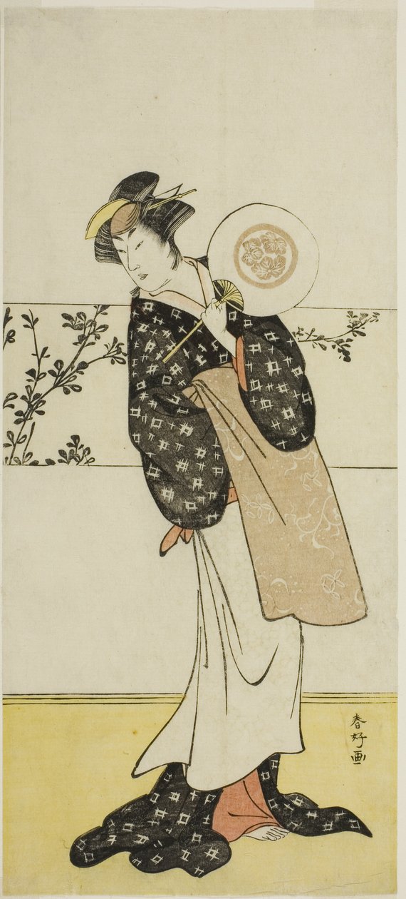 Aktor Osagawa Tsuneyo II, prawdopodobnie jako Misao Gozen, w sztuce Chiyo no Hajime Ondo no Seto (Początki wieczności: cieśnina Ondo na śródlądowym morzu Seto) (), wystawianej w teatrze Kiri od dwudziestego siódmego dnia siódmego miesiąca 1785 r. autorstwa Katsukawa Shunkо̄