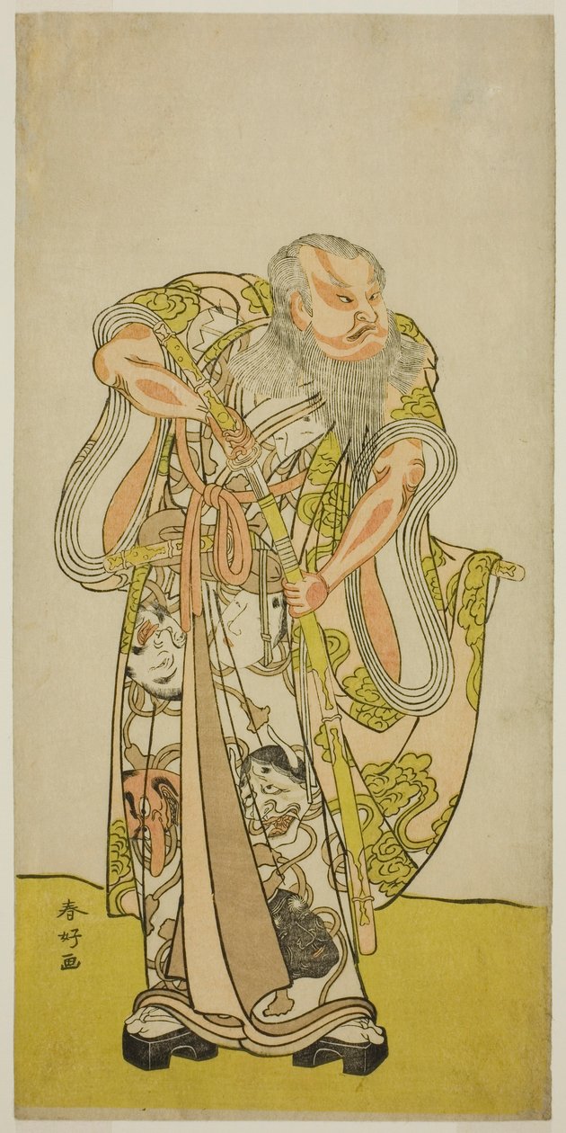 Aktor Sakata Hangoro II jako Hige no Ikyu w sztuce Shida Yakata Yotsugi no Hikibune, wystawionej w teatrze Ichimura w piątym miesiącu 1782 r. autorstwa Katsukawa Shunkо̄