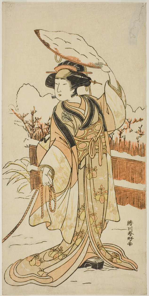 Aktorka Yoshizawa Ayame IV jako Yadorigi, siostra Nikaido Shinanosuke, przebrana za Orie, żonę Aoto Magosaburo, w drugiej części sztuki Motomishi Yuki Sakae Hachi no Ki (Patrząc w górę na padający śnieg: kwitnące drzewa doniczkowe), wystawianej w Naka autorstwa Katsukawa Shunkо̄