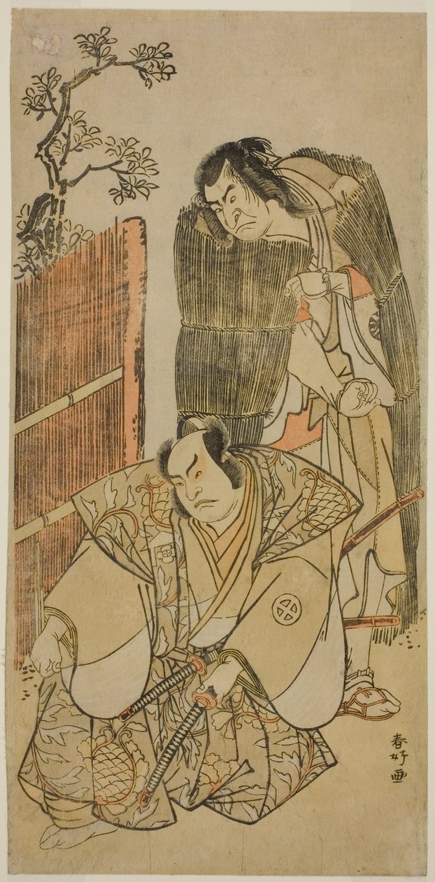 Aktorzy Nakamura Nakazo I jako Kagekiyo przebrany za żebraka (po prawej) i Otani Hiroji III jako Onio Shinzaemon (po lewej) w sztuce Kotobuki Banzei Soga wystawianej w teatrze Ichimura w trzecim miesiącu 1783 r. autorstwa Katsukawa Shunkо̄