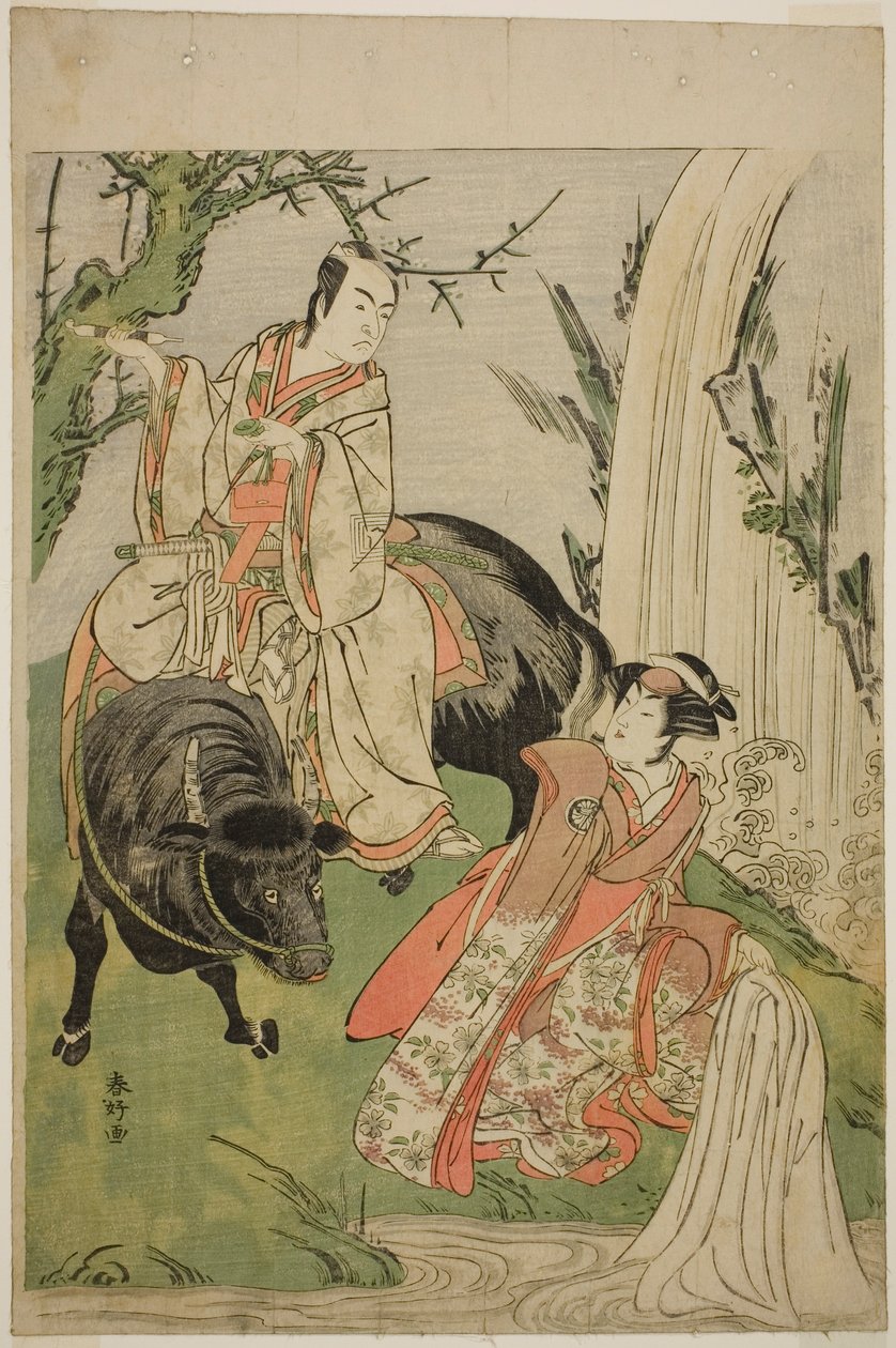 Aktorzy Segawa Kikunojo III jako księżniczka Hatsune (Hatsune Hime) (po prawej) i Ichikawa Monnosuke II jako Miyukinosuke Yukinari w sztuce Otokoyama Furisode Genji, wystawionej w teatrze Kiri w jedenastym miesiącu 1785 r. autorstwa Katsukawa Shunkо̄