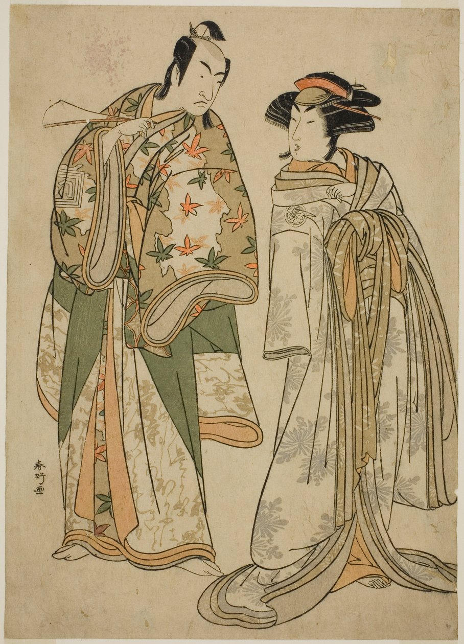 Aktorzy Segawa Kikunojo III jako kurtyzana Sumizome (po prawej) i Ichikawa Monnosuke II jako Goinosuke Yoshimine (po lewej) w sztuce Juni-hitoe Komachi-zakura, wystawianej w teatrze Kiri w jedenastym miesiącu 1784 r. autorstwa Katsukawa Shunkо̄