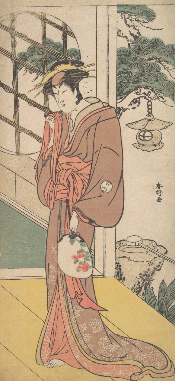 Arashi Ryuzo jako wysoka kobieta stojąca na Engawie, ca. 1789. autorstwa Katsukawa Shunko