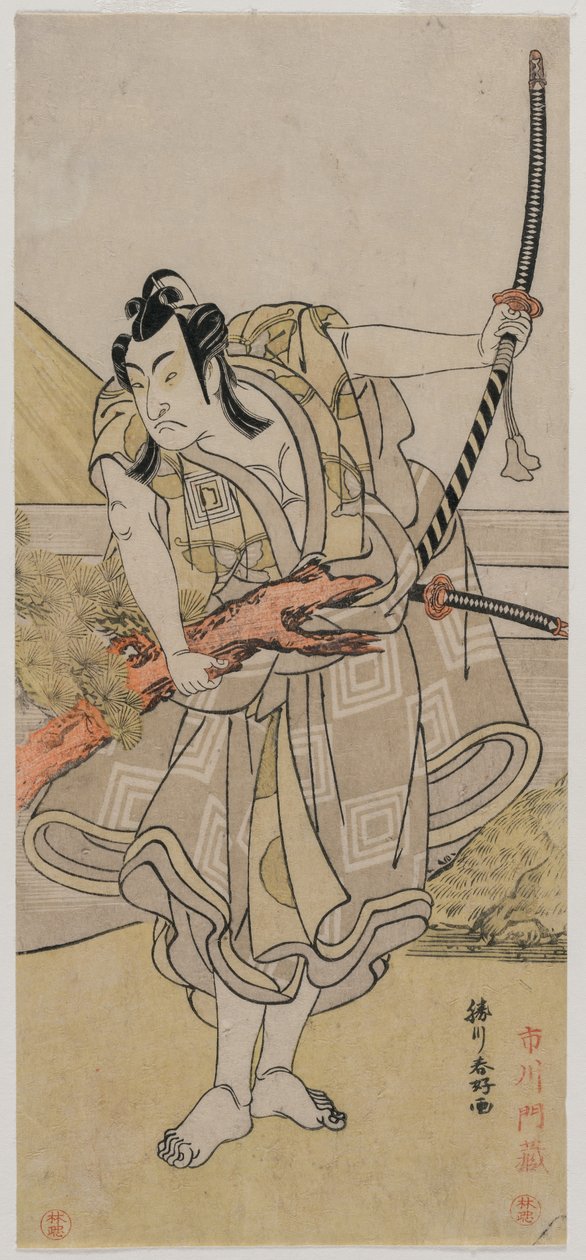 Ichikawa Monnosuke II jako Soga no Gorō autorstwa Katsukawa Shunko