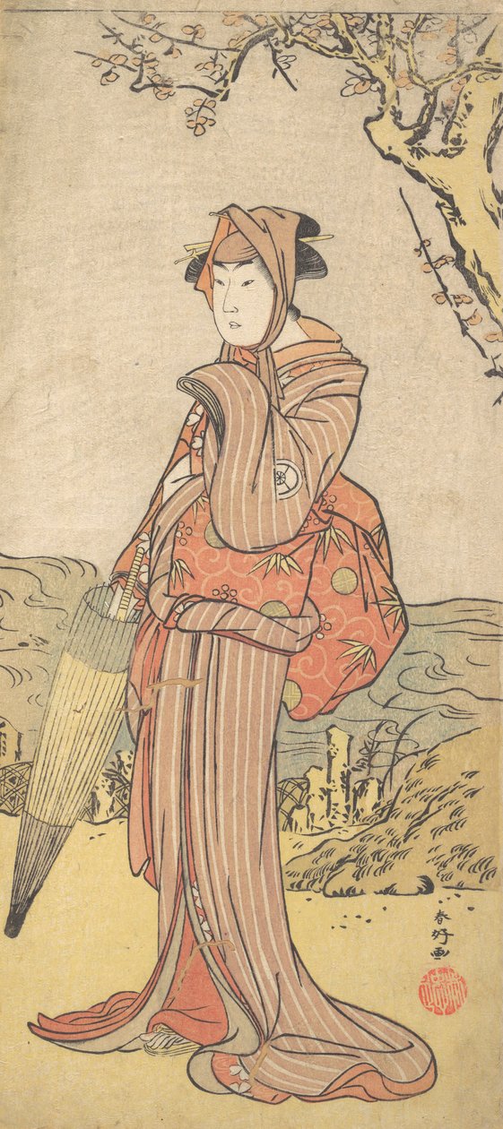 Iwai Kiyotaro jako kobieta stojąca pod śliwką, ca. 1788. autorstwa Katsukawa Shunko
