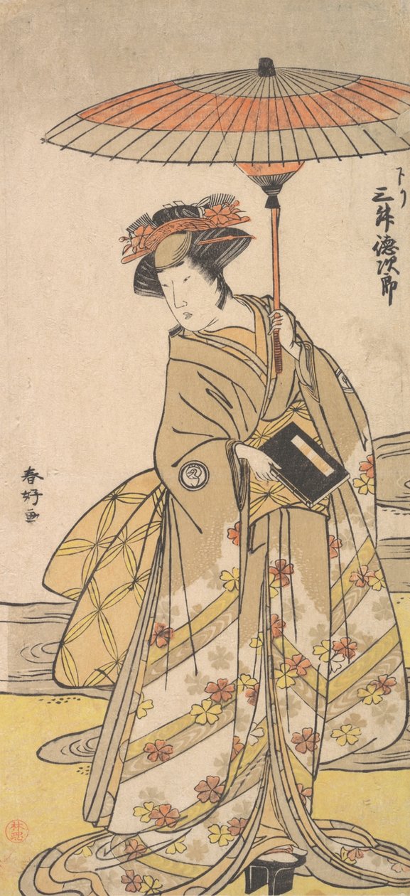 Mimasu Tokujuro jako kobieta stojąca przy wijącym się strumieniu, ca. 1780. autorstwa Katsukawa Shunko