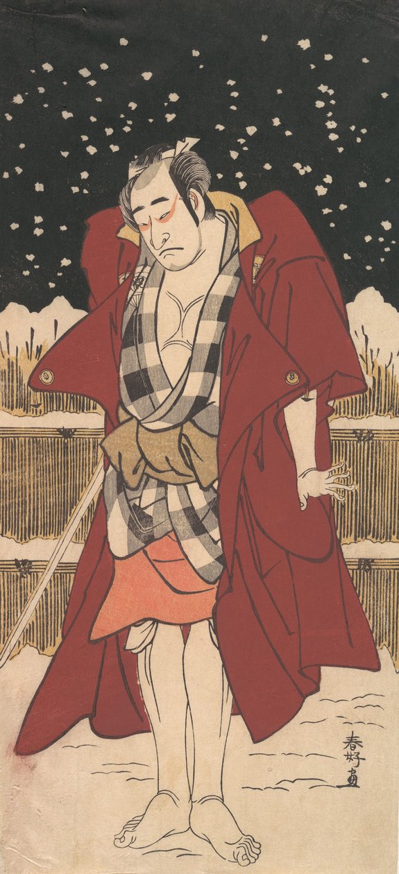 Onoe Matsusuke jako Człowiek uzbrojony w miecz, stojący w śniegu przed ogrodzeniem, 1786. autorstwa Katsukawa Shunko