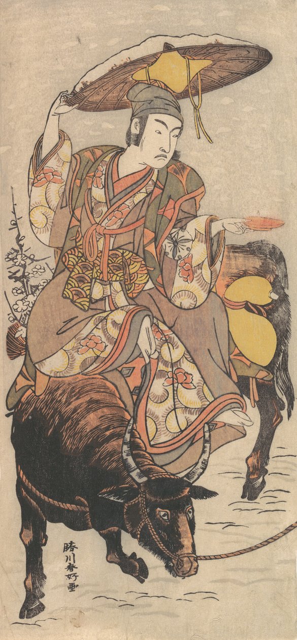 Aktor Matsumoto Koshiro IV na wołu podczas śnieżycy, ca. 1790. autorstwa Katsukawa Shunko