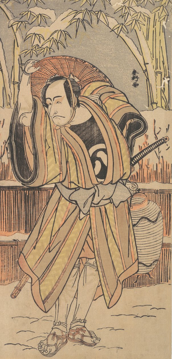 Piąty Ichikawa Danjuro jako mężczyzna w odzieży zimowej, datowany na 1788 rok. autorstwa Katsukawa Shunko