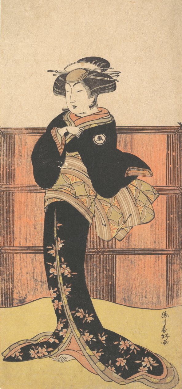 Czwarty Iwai Hanshiro jako kobieta w czarnym kimonie, ca. 1778 autorstwa Katsukawa Shunko